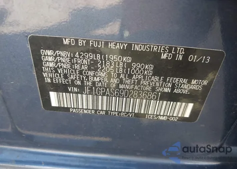 2013 Subaru Impreza 2.0I Sport Limited from USA, damaged, VIN JF1GPAS69D2836861